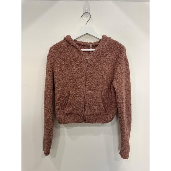 SKIMS Cropped Cozy Knit Bouclé Zip Up Hoodie in Rose Clay - Picture 1 of 5